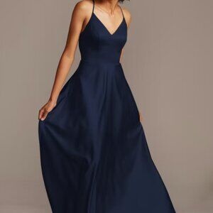 David's Bridal Spaghetti Strap Satin A-Line Long Bridesmaid Dress